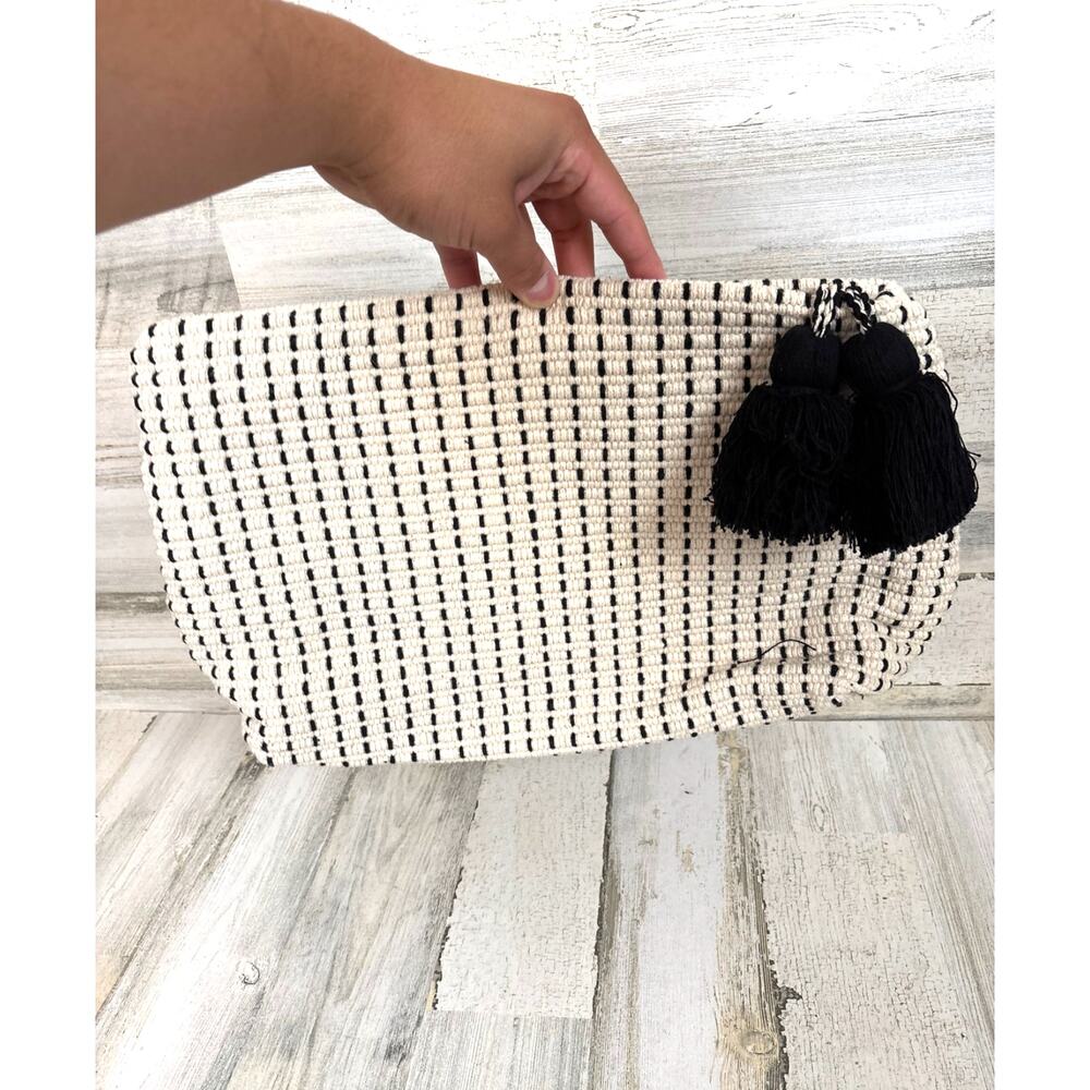 Zara Trafaluc Cream Black Woven Cotton Tassel Zip Clutch Bag Boho NEW